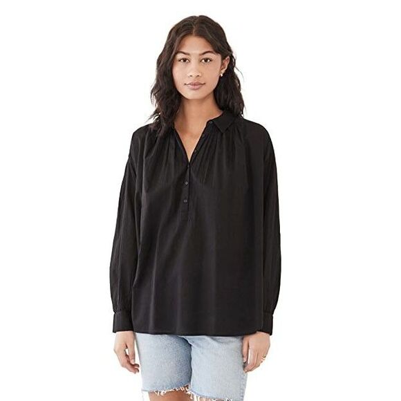 Nili Lotan Miles Tunic Shirt Top Cotton Oversized Long Sleeve Black XS 284498